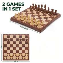 2-In-1 Wooden Magnetic Chess & Checkers Set - Foldable Chess Board Game For Party & Entertainment - Multicolor - View 1