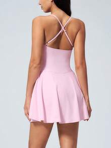 NcmRyu 1pc Women Hollow Out Asymmetrical Hem Waist Cinched Mini Dress Sports - Pink - View 3