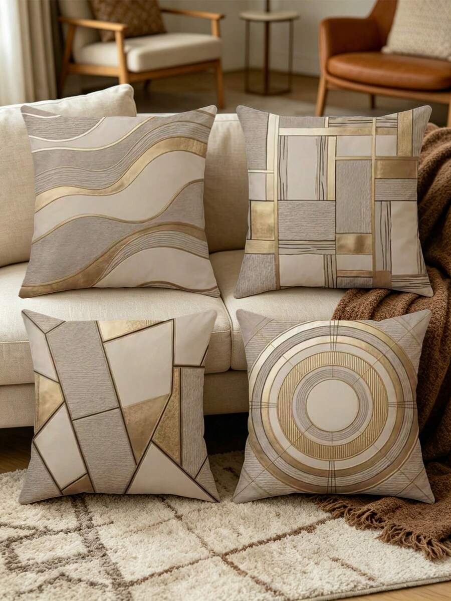 4pcs Set Luxury Minimalist Abstract Geometric 2D Flat Print Pillow Covers, Abstract Wave Square Circle Texture Square Cushion Covers, Suitable For Modern Sofa, Living Room Luxury Home Decor - Multicolor - View 1