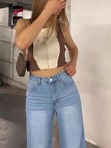 Jeans casuales y versátiles de unicolor, de corte y delgado con bolsillo, para primavera - Azul lavado medio - Ver 2