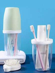 Couple Creative Toothbrush And Mouthwash Cup Set With Lid - Portable Travel Toothbrush Holder, Durable Plastic, Toothbrush Storage Set. Bathroom Toothbrush Storage Box. Portable Bathroom Toothbrush Box, Nordic Transparent Design. - C - View 5