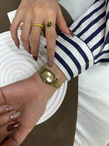 1 pieza Reloj de cuarzo con patrón de bambú cuadrado en oro/plata, adecuado para uso diario, regalo de cumpleaños, Navidad - Dorado - Ver 6