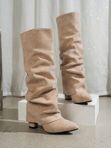 New Women's Slim Fit Ruched High Tube Boots, 2026 Autumn/Winter New Women's Pointed Toe Chunky Heel Outdoor Casual Fashion Tall Boots, Knee-High Boots - Apricot - View 5