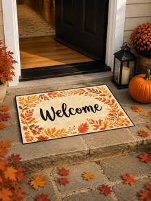 1pc, Autumn Golden Maple Leaf Welcome Pattern Doormat, Seasonal Style Indoor/Outdoor Non-Slip Mat, Machine Washable Polyester Fiber Door Mat, Suitable For Kitchen, Dining Room, Hallway, Bathroom, Bedroom, Outdoor, Entrance, Home Decor, Room Decor, All Seasons - Orange - View 2