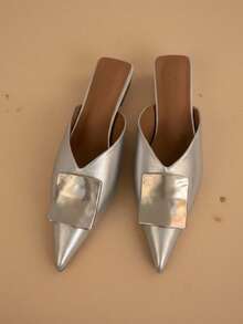 French Style Metal Square Buckle Closed Toe Slippers Women Outdoor Wear 2026 New Summer Slip-On Pointed Toe Fairy Sandals - Silver - View 4