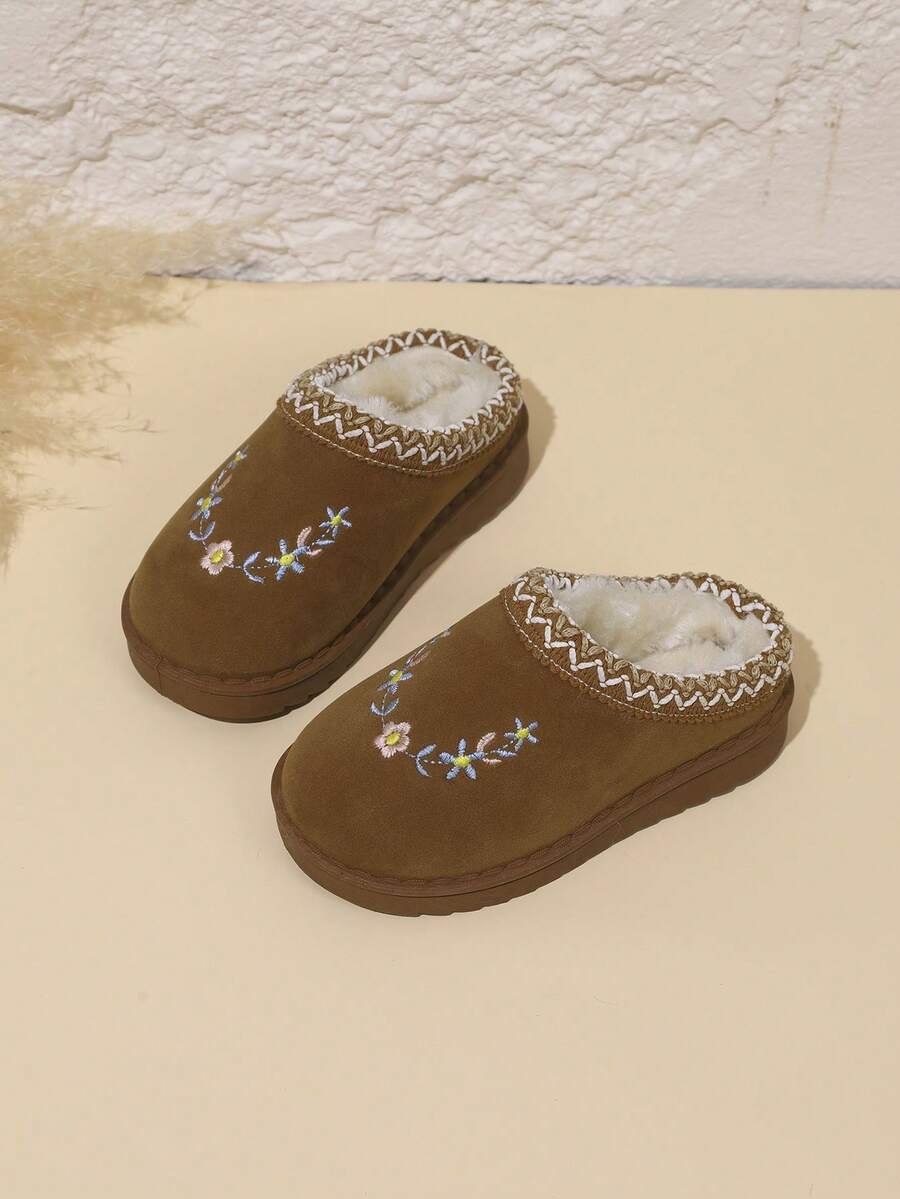 Unisex Kids Vintage Woven Trim Embroidered Slippers, Versatile Autumn/Winter Home Warm Slippers - Brown - View 1
