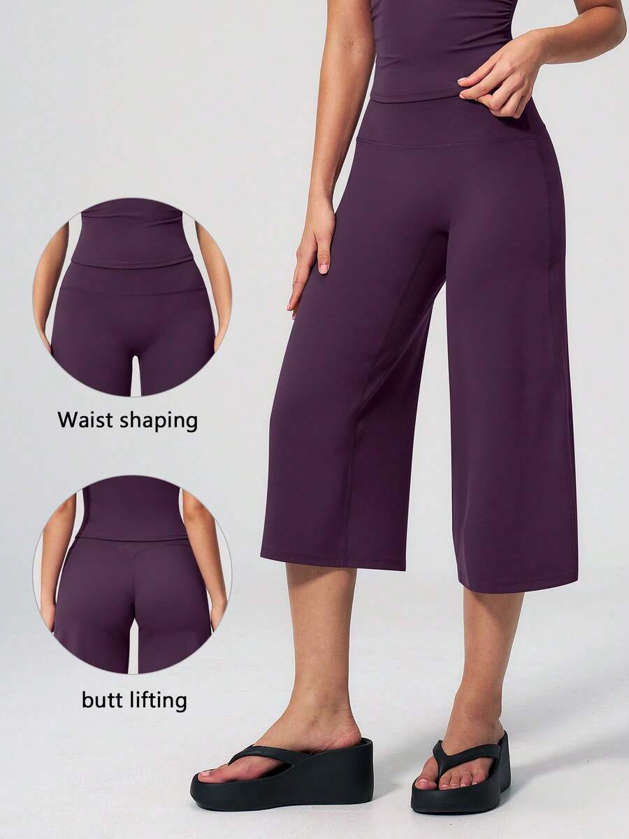 TimeOff Women's 1pc Solid Color Tummy Control Wide Leg Mid-Calf Sports Pants - Bold Plum - View 1