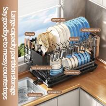 Kusuxva This Double-Layer Metal Kitchen Countertop Dish Rack Is Space-Saving And Durable. It Comes With A Knife And Fork Holder, Cup Holder, Cutting Board Holder, And Rust-Proof Drain Tray. Kitchen Storage Items Help You Keep Your Kitchen Neat And Organized. - Black - View 4