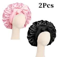 Awegeo 2Pcs Women's Bonnet Solid Color Tie Design Silky Satin Cap Casual Comfortable Home Sleep Cap Daily Hair Protection Cap - 2Pcs - View 24