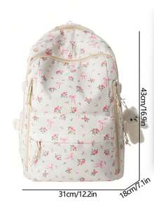 New Back To School Season Fashion Printed Women's Backpack, Multi-Compartment Pocket Design, Thickened Student Backpack, Waterproof Backpack, With Teddy Bear Pendant Accessory, Large Capacity - White - View 3