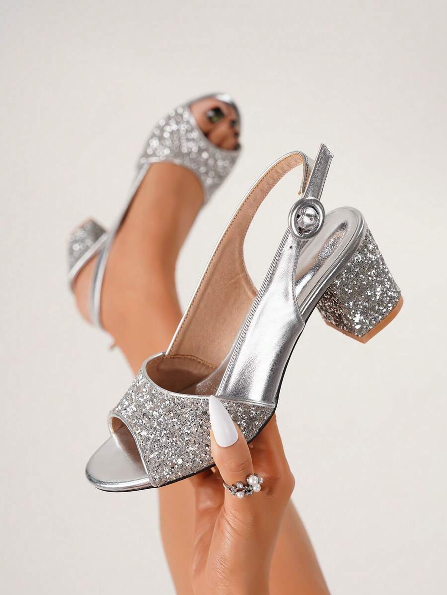 Spring/Summer Women Metallic Chunky Heeled Slingback Sandals, Glamorous Banquet Heeled Sandals - Silver - View 1