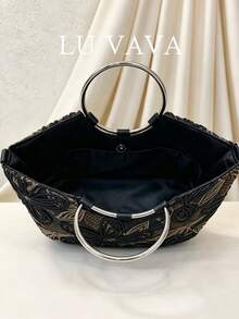 LUVAVA 金色繩編刺繡新月包，圓形金屬手柄，鏤空花卉紋理，可拆卸鍊條，奢華風格，適合婚禮/下午茶/晚宴/戶外 - 黑色 - 查看 3