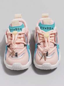 1 par de zapatillas deportivas gruesas con bloques de color rosa macaron y azul, zapatillas casuales transpirables de malla sin cordones, adecuadas para uso diario, deportes al aire libre, viajes, vacaciones, hogar, fiestas, nuevo estilo de primavera/otoño - Rosa - Ver 3