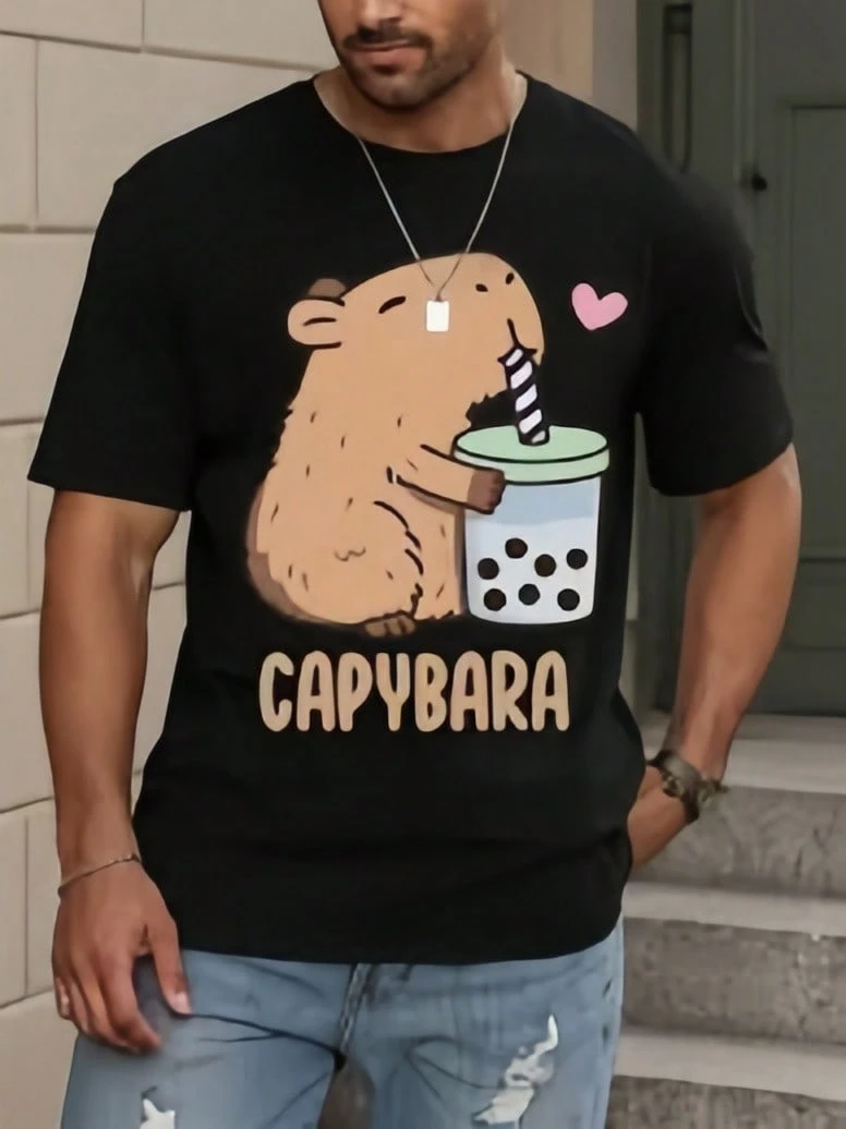 Women's Casual, Creative And Cute Capybara Graphic Pattern T-Shirt, Short-Sleeved, Basic And Stylish - 黑色2 - 查看 1