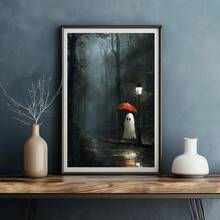 1pc Halloween WAITING Spooky Art Print With Cute Ghost In The Rain Canvas Wall Art, Goth, Macabre, Horror, Haunted Posters For Room,Halloween Print Home Decor, Room Decor Aesthetic,Room Decoration Stuff, Living Room Decor, Optional Frame - Multicolor - View 8