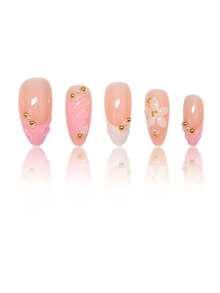 24pcs/Set Elegant Gradient Pink & White Almond-Shaped Press-On Nails With 3D Floral & Pearl Decor, Includes Gel Polish And Nail File, Suitable For Girls & Women For Daily, Party, Autumn Nails - Multicolor - View 3