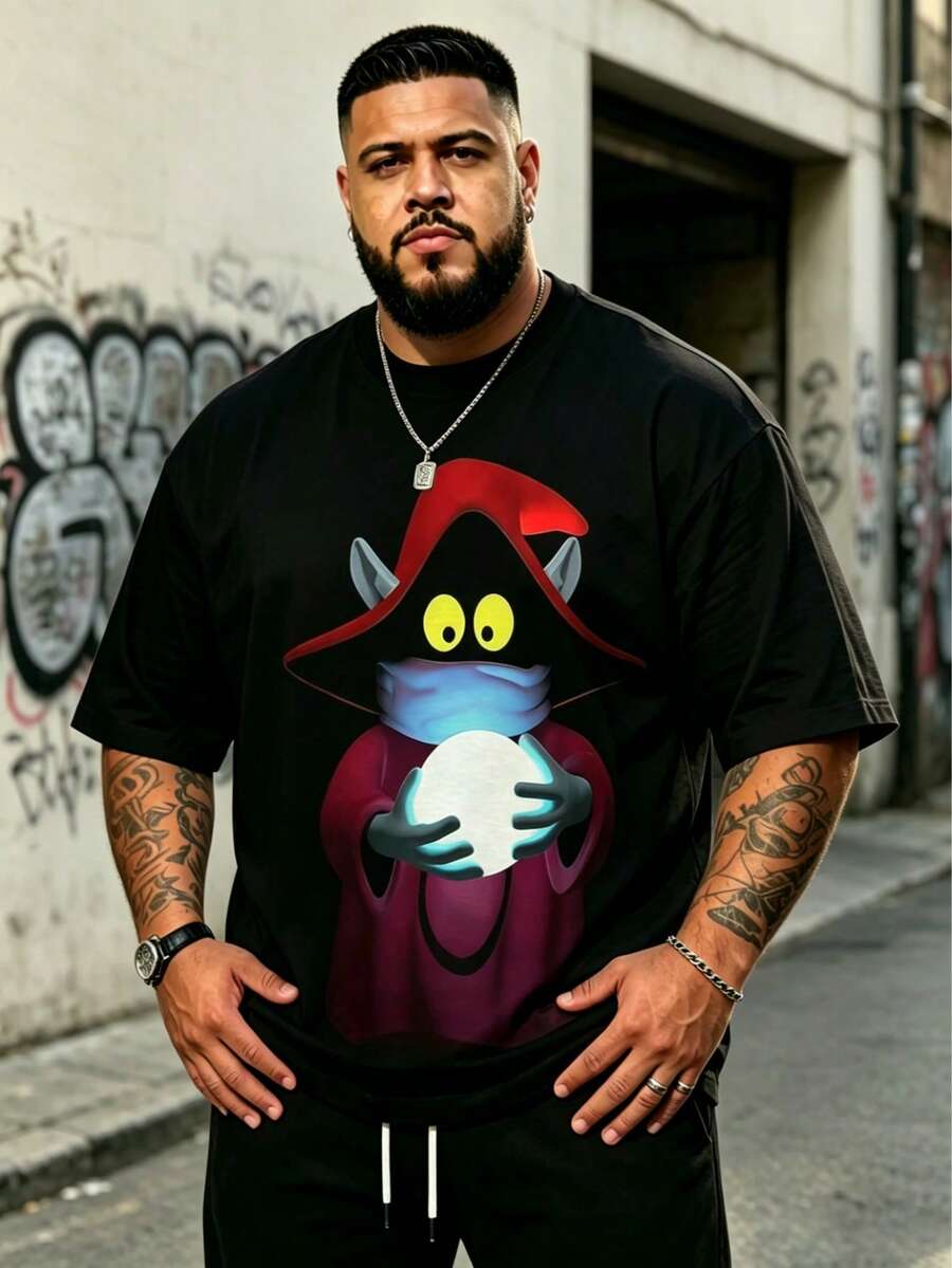 Men's Plus Size Casual Crew Neck T-Shirt, Polyester Knit Fabric, Comfortable And Breathable, Fashionable Fun Anime Wizard Crystal Ball Cartoon Print, Casual Street Pattern Design Fresh Series, Novel Personalized Top - Black - View 1