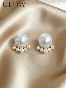 1 Pair White French Vintage Fashion Luxury Geometric Faux Pearl Rhinestone Stud Earrings, Suitable For Children Girls Daily And Holiday Wear - Multicolor - View 2