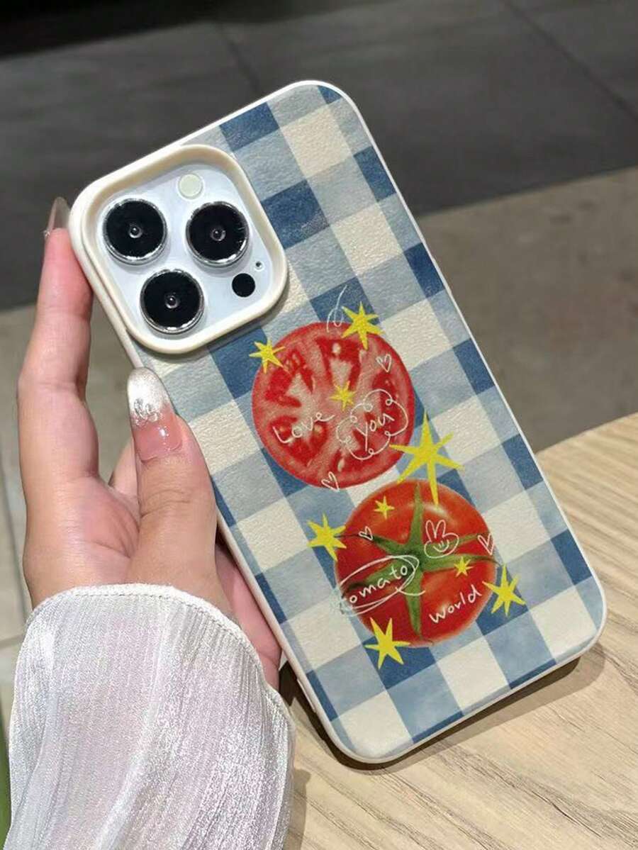 Blue Plaid Tomato Pattern Full Coverage Anti-Drop Protective Phone Case Compatible With IPhone 17/16/15/14/13/12/11 Pro Max - Multicolor - View 1