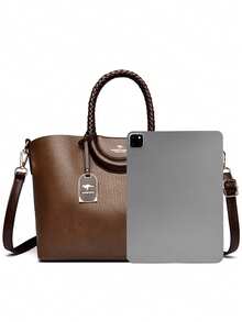 Fashionable Women's PU Leather Large Capacity Tote Bag, Solid Color Shoulder & Crossbody Bag, Suitable For Commute And Party - Brown - View 6