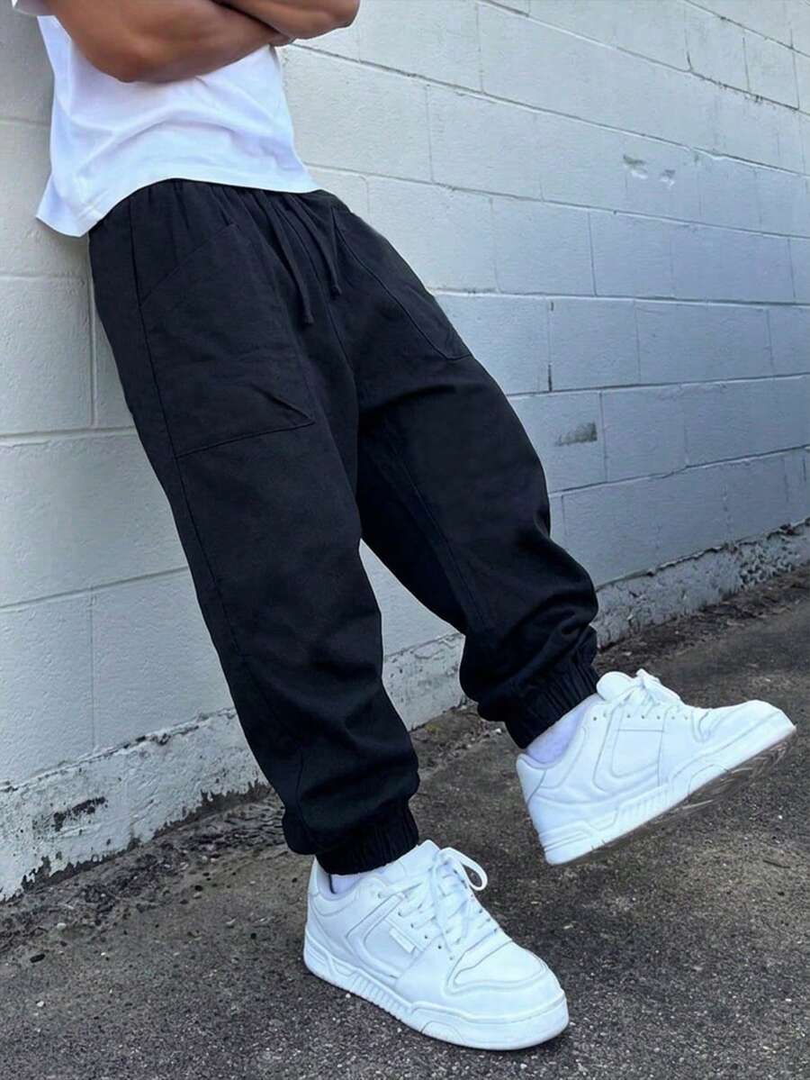 1pc Teen Boys' Drawstring Cuffed Pants, Minimalist Back To School Fashion Long Pants - Black - View 1