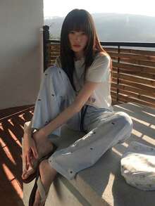 Celana Panjang Wanita Garis Biru Model Lebar, Celana Kasual Lurus Musim Panas dengan Desain - Baby Blue - View 4