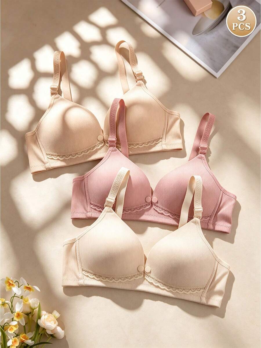 3 件套女士前开扣无钢圈舒适透气哺乳孕妇文胸,多色 - 彩色 - 查看 1