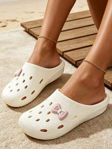 Women's Minimalist Solid Color Bow Knot Summer All-Season Daily Versatile Fashion Cute Campus Indoor Outdoor Clogs Mule Slip-On Slippers - White - View 3