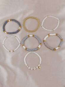 7Pcs Elastic Stackable Heishi Beaded Bracelet Set, LOVE Letter & Cross Charm Jewelry, Gray White Gold Bracelets For Daily Wear & Party - Multicolor - View 2
