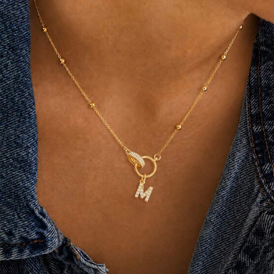 1pc Simple Double Ring​ Initial Gold Color Stainless Steel Bead Chain Necklaces For Women - Yellow Gold - View 1