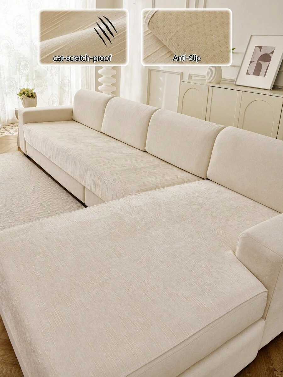 1pc Chenille Vertical Textured Jacquard Solid Color Sofa Cushion Cover, Modern Minimalist Sofa Seat Cover, Anti-Slip Anti-Dust Anti-Cat Scratch Pet Friendly, Durable Wear-Resistant Machine Washable, Protect Sofa, Sofa Renovation, Sofa Decoration, Enhance Atmosphere, Bohemian, All Season Universal Sofa Cover, Universal Living Room Bedroom Study Outdoor, 1-4 Person Straight L-Shaped Sofa Cushion Cover, Sofa Cover - Beige - View 1