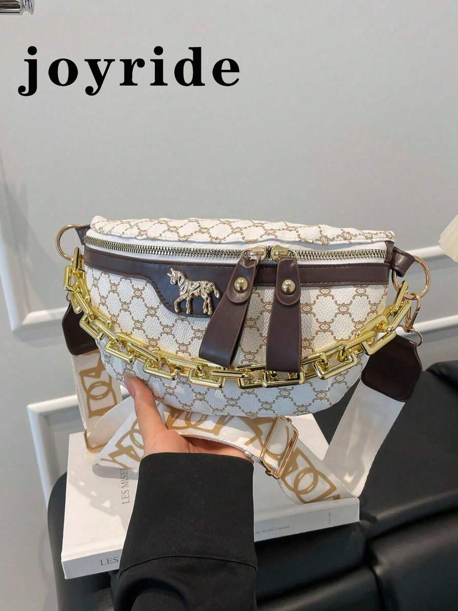 中号鳄鱼纹压花斜挎胸包钱包,时尚链条装饰拉链腰包,配有可调节肩带,时尚合成PU皮革腰包,适合旅行和运动,复古经典通勤单肩包,女士 - 白色 - 查看 1