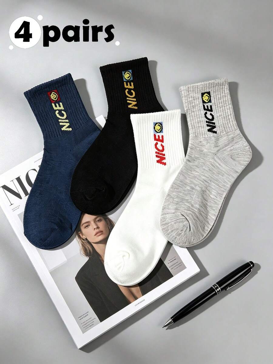 Ins NICE Embroidered Mid-Calf Socks, Unisex Comfortable Breathable, Sports Commute Daily Versatile, 4 Pairs Randomly Shipped - Multicolor - View 1