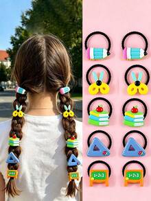 10pcs Girls Back To School Season Minimalist Pencil Stationery Elastic Hair Ties, Gentle On Hair, Suitable For Daily Use And Matching - Multicolor - View 8