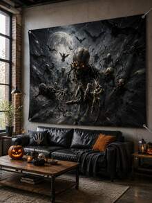 1pc Halloween Skeleton Swarm Backdrop, Full Moon, Flying Bats, Glowing Eyes And Reaching Bone Hand Print Polyester Rectangular Background Cloth With 4 Grommets For Porch, Photo Booth, Haunted House, Horror Party And Fall Decor - Multicolor - View 1