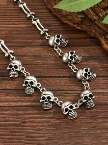 1pc Punk Skull Chain Necklace Exaggerated Collarbone Chain Dark Style Halloween Jewelry Accessory For Men And Women - Silver - View 3