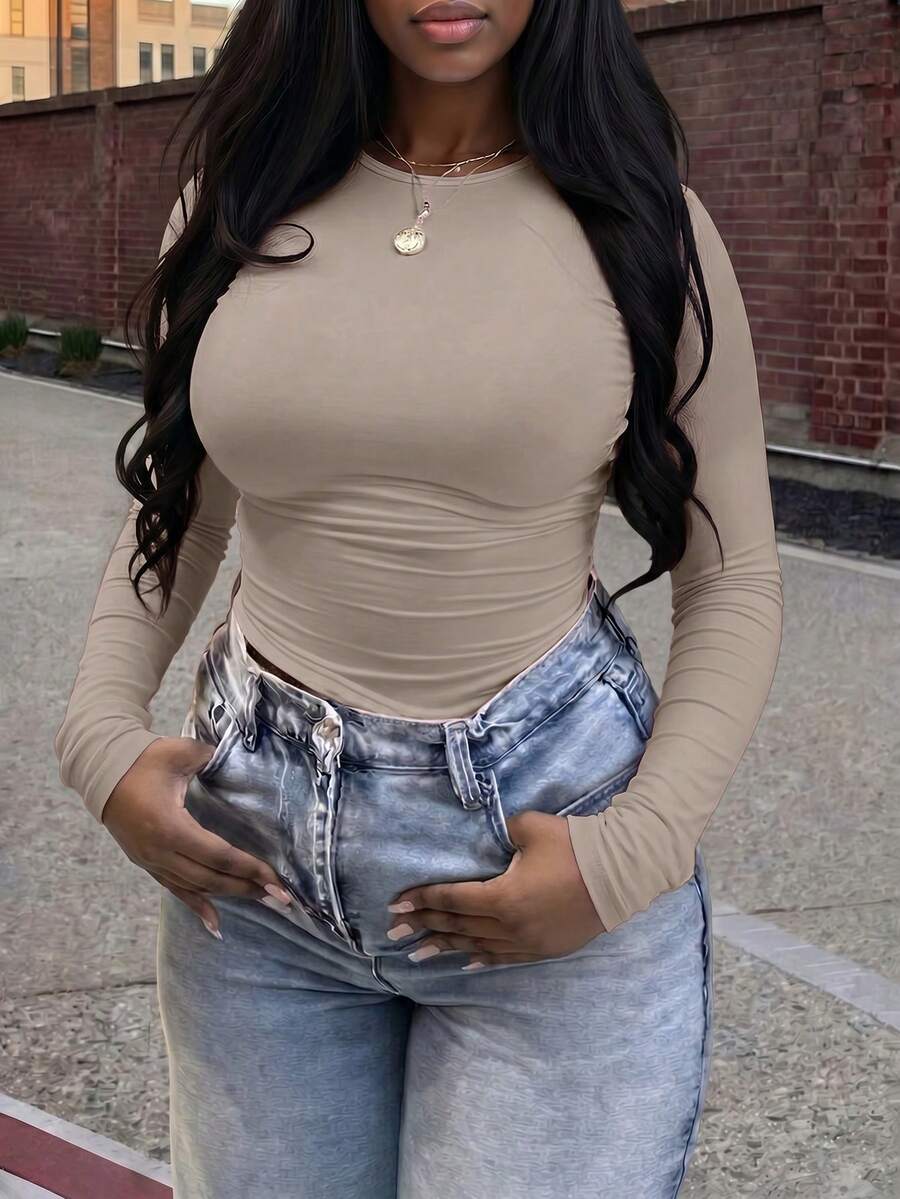 Elegant Versatile Women's Solid Color Round Neck Long Sleeve Ruched Fitted T-Shirt, Suitable For Summer And Autumn/Winter Seasons Casual Spring - Khaki - View 1