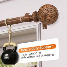 Wood Curtain Rods For Windows 18 To 45 Inch, 1" Adjustable Heavy Duty Boho Drapery Rod Decorative Curtain Rods With Finials Rustic Window Treatment Rods For Kitchen Farmhouse Bedroom Patio - Wood Grain - View 3