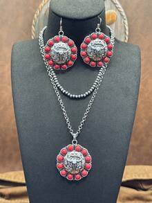 Western Vintage Cowboy Style Classic Long Horn Bull Head Embossed Necklace And Earrings, Retro Distressed Silver Carved Pattern With Scrollwork, Iconic American Western Texas Cowboy Totem Symbolizing Wild And Free Ranch Style - Western Cowboy Style - View 5