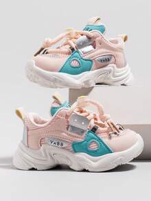 1 par de zapatillas deportivas gruesas con bloques de color rosa macaron y azul, zapatillas casuales transpirables de malla sin cordones, adecuadas para uso diario, deportes al aire libre, viajes, vacaciones, hogar, fiestas, nuevo estilo de primavera/otoño - Rosa - Ver 2