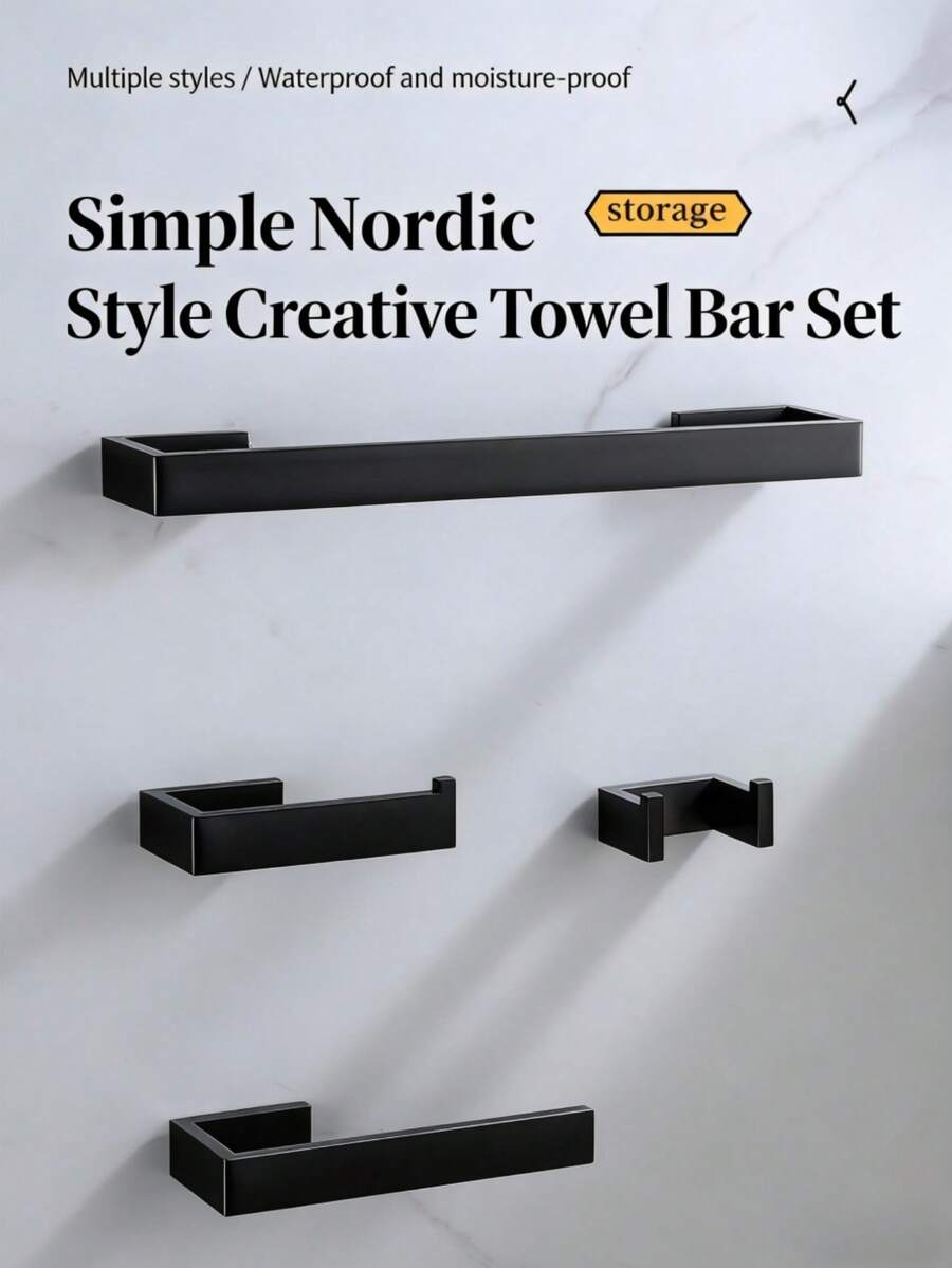 Drill-In Installation Bathroom Storage Set, Stainless Steel Towel Bar, Thickened Square Tube Toilet Paper Holder, Multi-Purpose Hooks, 3/4 Pieces - Multicolor - View 1