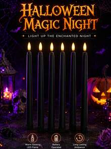 3/6/12/24 Pcs Halloween Flameless Taper Candles Black Candles Battery Operated LED 3D Wick Flickering For Halloween Table Decorations - Kuroko - View 1