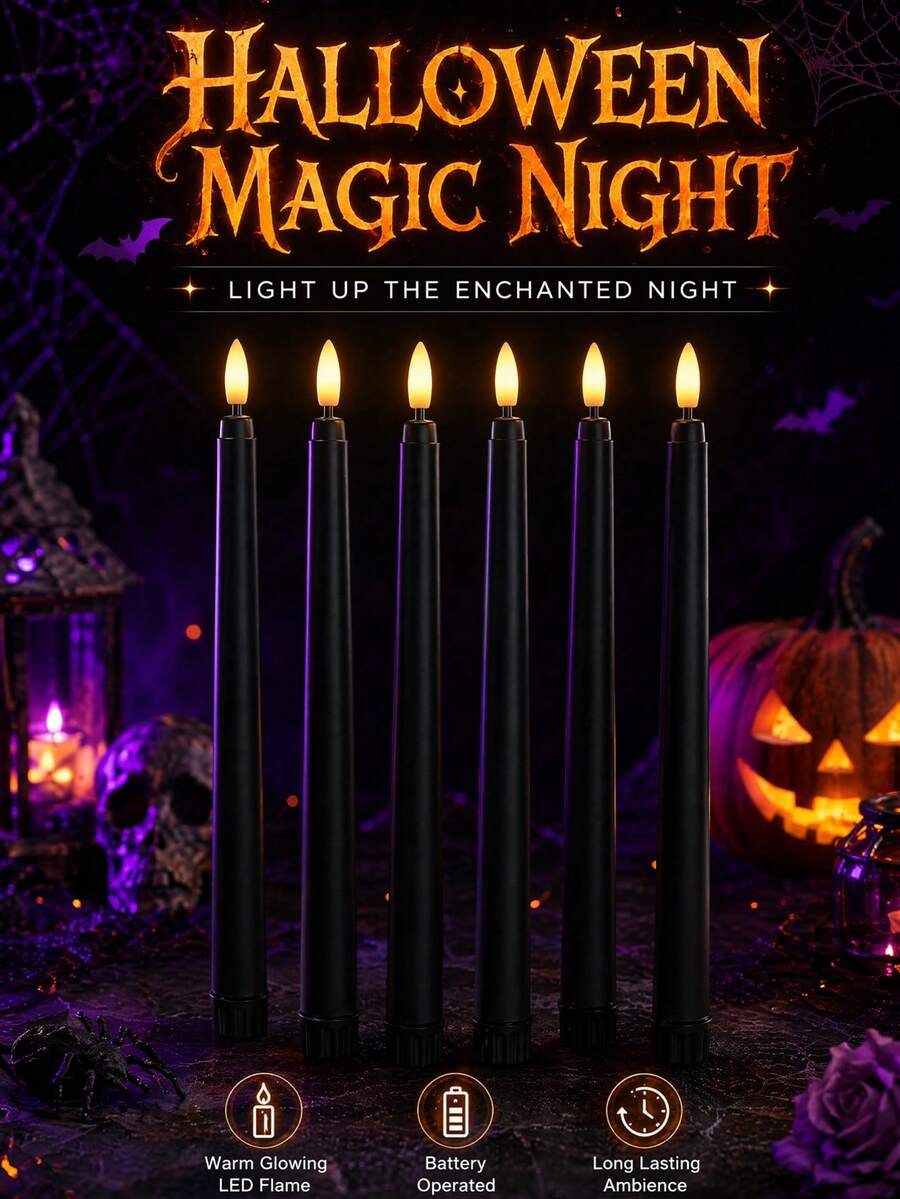 3/6/12/24 Pcs Halloween Flameless Taper Candles Black Candles Battery Operated LED 3D Wick Flickering For Halloween Table Decorations - Kuroko - View 1