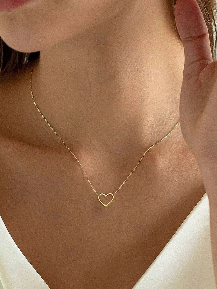 1 pieza Hermoso collar con colgante en forma de corazón, adecuado para que las mujeres lo usen, aplicable para boda, compromiso, aniversario, fiesta, regalo del Día de San Valentín - Amarillo Oro - Ver 1