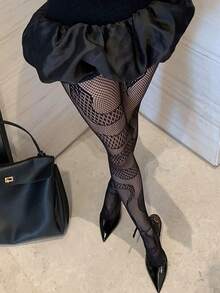 1 Pair Asymmetrical Snake Skin Fishnet Socks; Say Goodbye To The Monotony Of Basic Black Socks, 3D Python Texture Enhances Leg Lines - Black - View 5