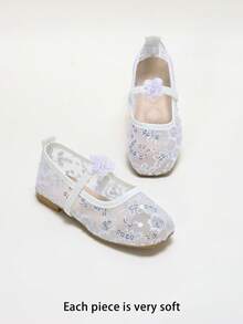 Girls' Sequin Embroidered Mesh 3D Flower Decor Breathable Non-Slip Square Toe Elastic Strap Flat Princess Mary Jane Shoes For School, Party, Wedding, Performance, Formal Dress - White - View 1