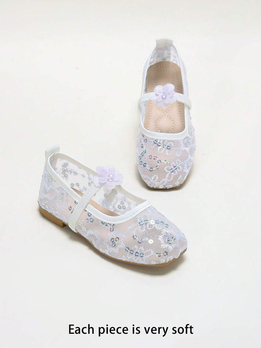 Girls' Sequin Embroidered Mesh 3D Flower Decor Breathable Non-Slip Square Toe Elastic Strap Flat Princess Mary Jane Shoes For School, Party, Wedding, Performance, Formal Dress - White - View 1
