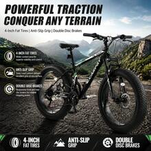 26 Inch Fat Tire Bike Adult/Youth Full  21 Speed Mountain Bike, Dual Disc Brake, High-Carbon Steel Frame, Front Suspension, Mountain Trail Bike, Urban Commuter City Bicycle - Black + Steel + American Design - View 2