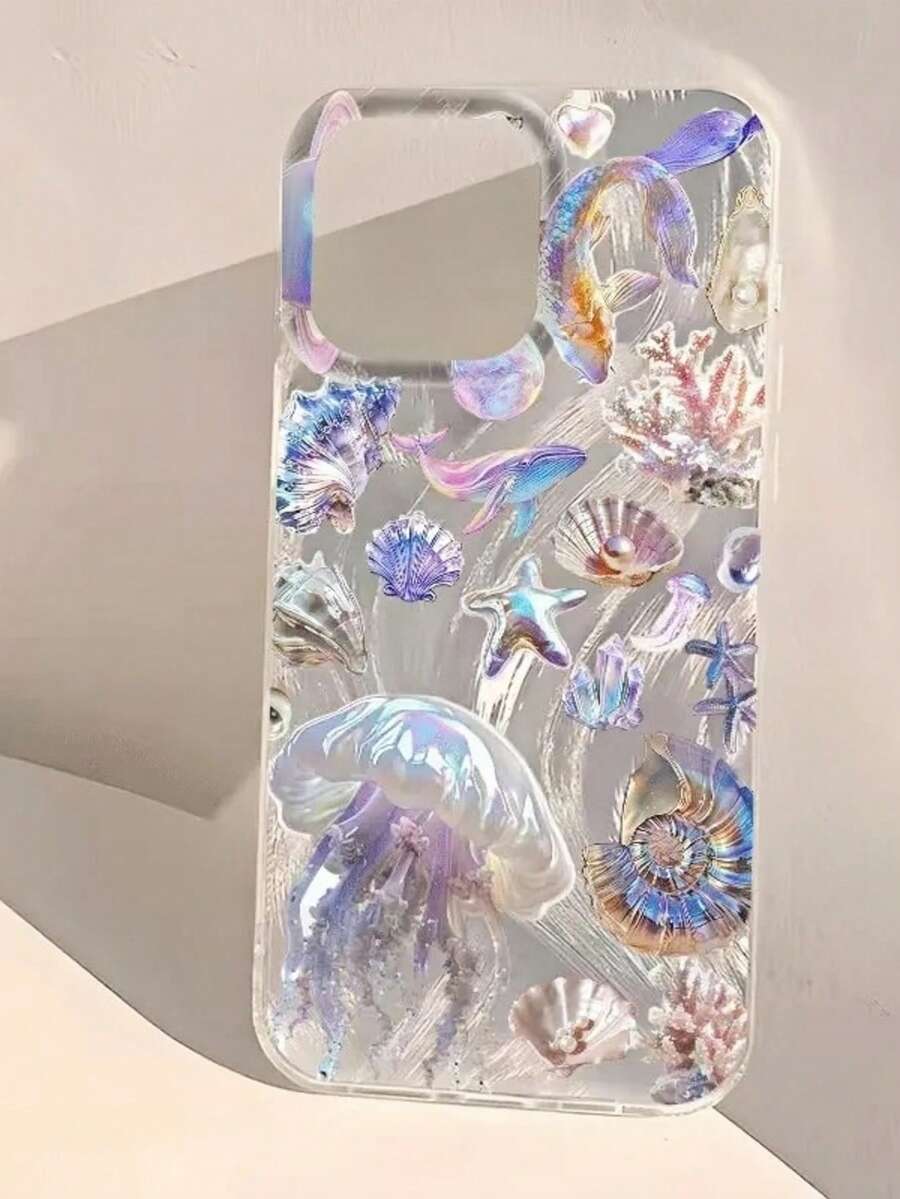 1件裝彩色海星貝殼水母藝術彩繪圖案 高質感羽毛薄紗 IMD 全包防摔時尚手機殼 相容 iPhone 17 16 15 14 13 12 11 Pro Max/Plus 7/8/Air 防指紋保護殼 - 彩色 - 查看 1