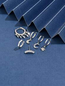 1 Set Of 6pcs Exquisite Sparkling Zirconia Earrings Studs Set, Suitable For Party, Holiday, Date Or Wedding - Silver - View 2